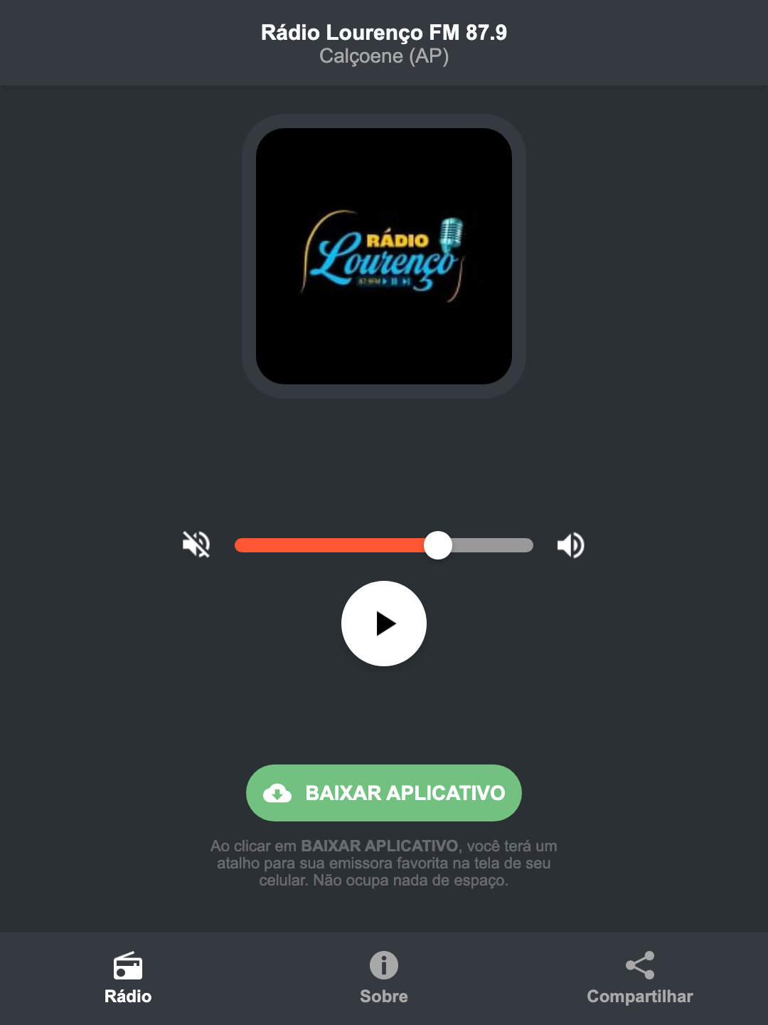 Screenshot do aplicativo da Rádio Lourenço FM 87.9