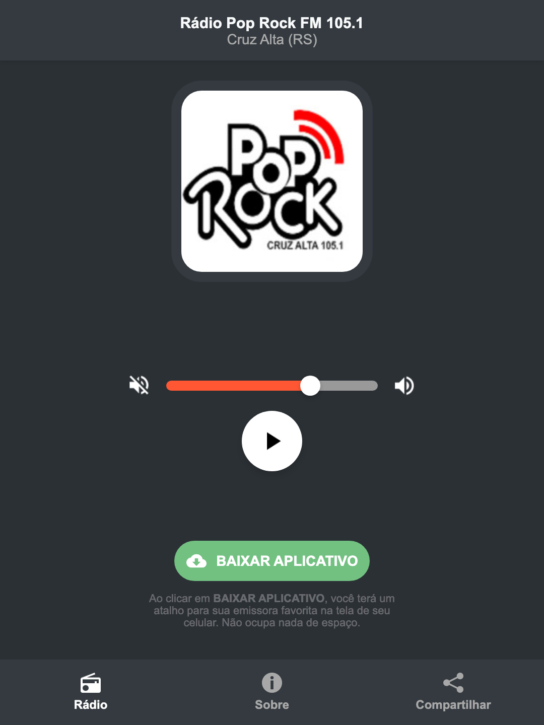 Screenshot do aplicativo da Rádio Pop Rock FM 105.1