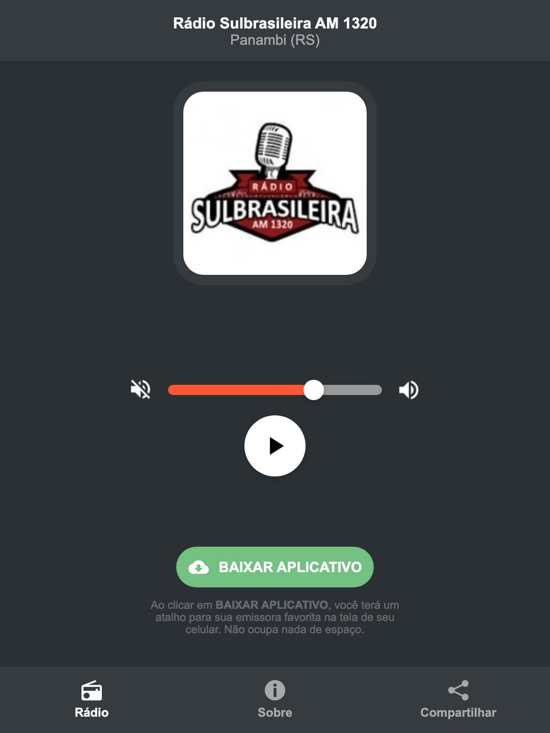 Screenshot do aplicativo da Rádio Sulbrasileira AM 1320