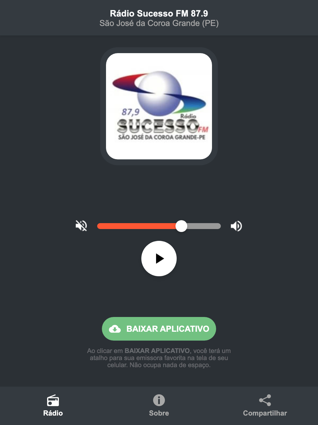 Screenshot do aplicativo da Rádio Sucesso FM 87.9