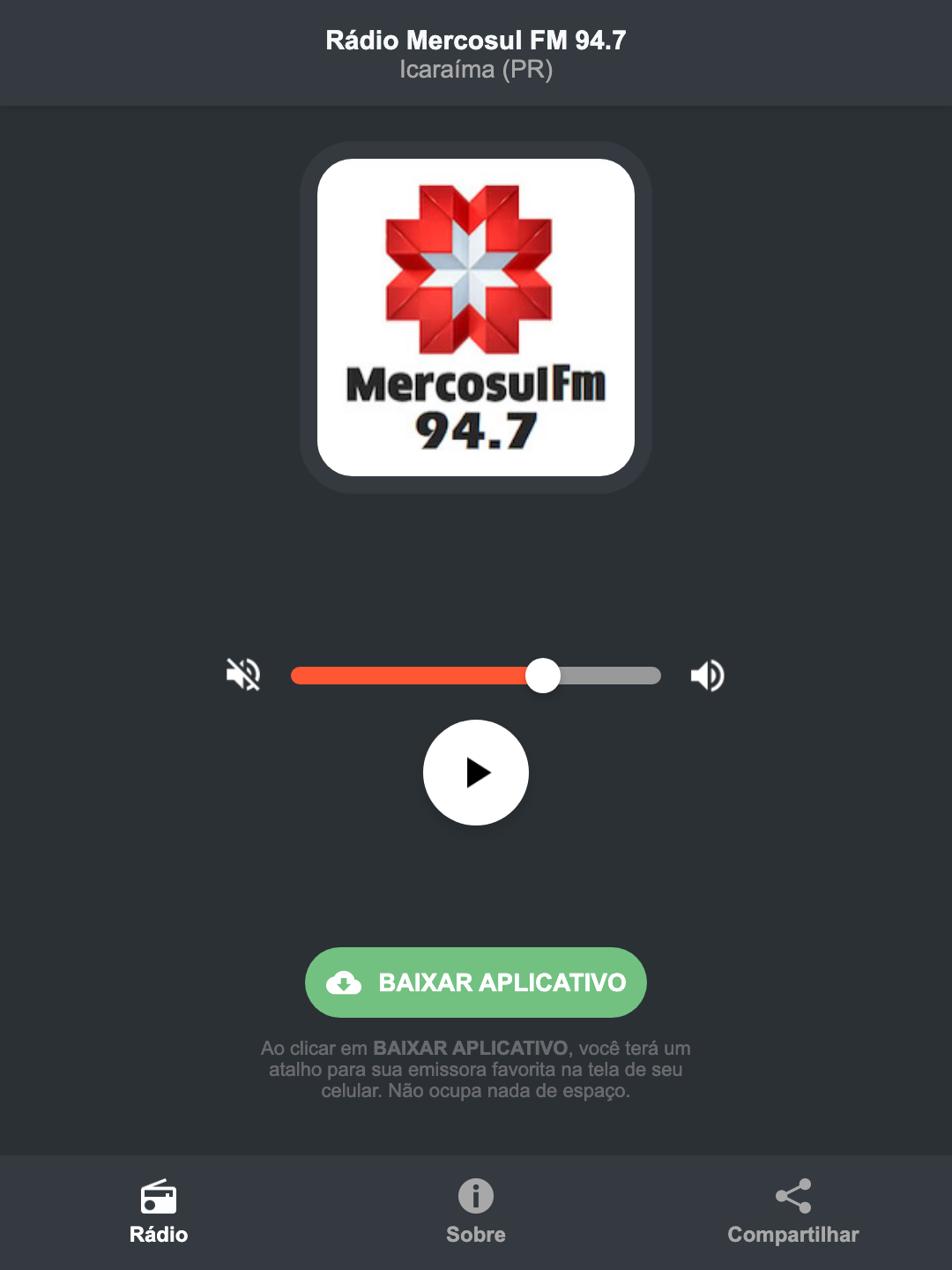 Screenshot do aplicativo da Rádio Mercosul FM 94.7