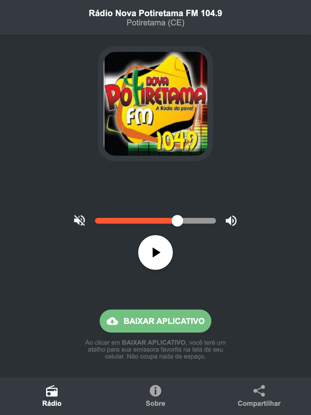 Screenshot do aplicativo da Rádio Nova Potiretama FM 104.9