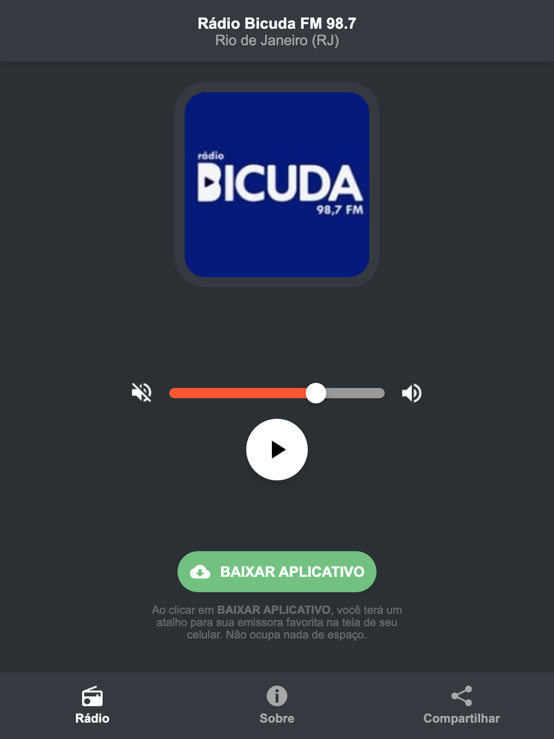 Screenshot do aplicativo da Rádio Bicuda FM 98.7