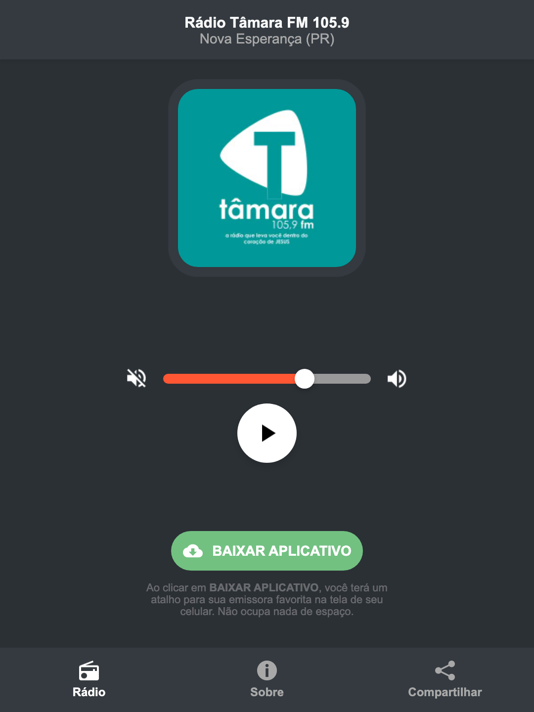 Screenshot do aplicativo da Rádio Tâmara FM 105.9
