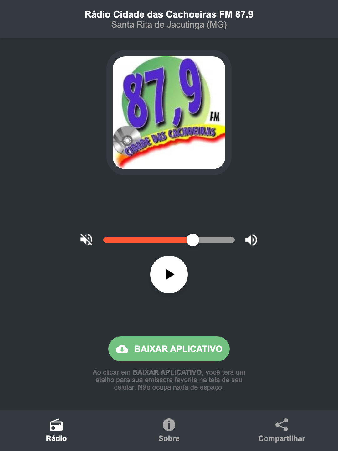 Screenshot do aplicativo da Rádio Cidade das Cachoeiras FM 87.9