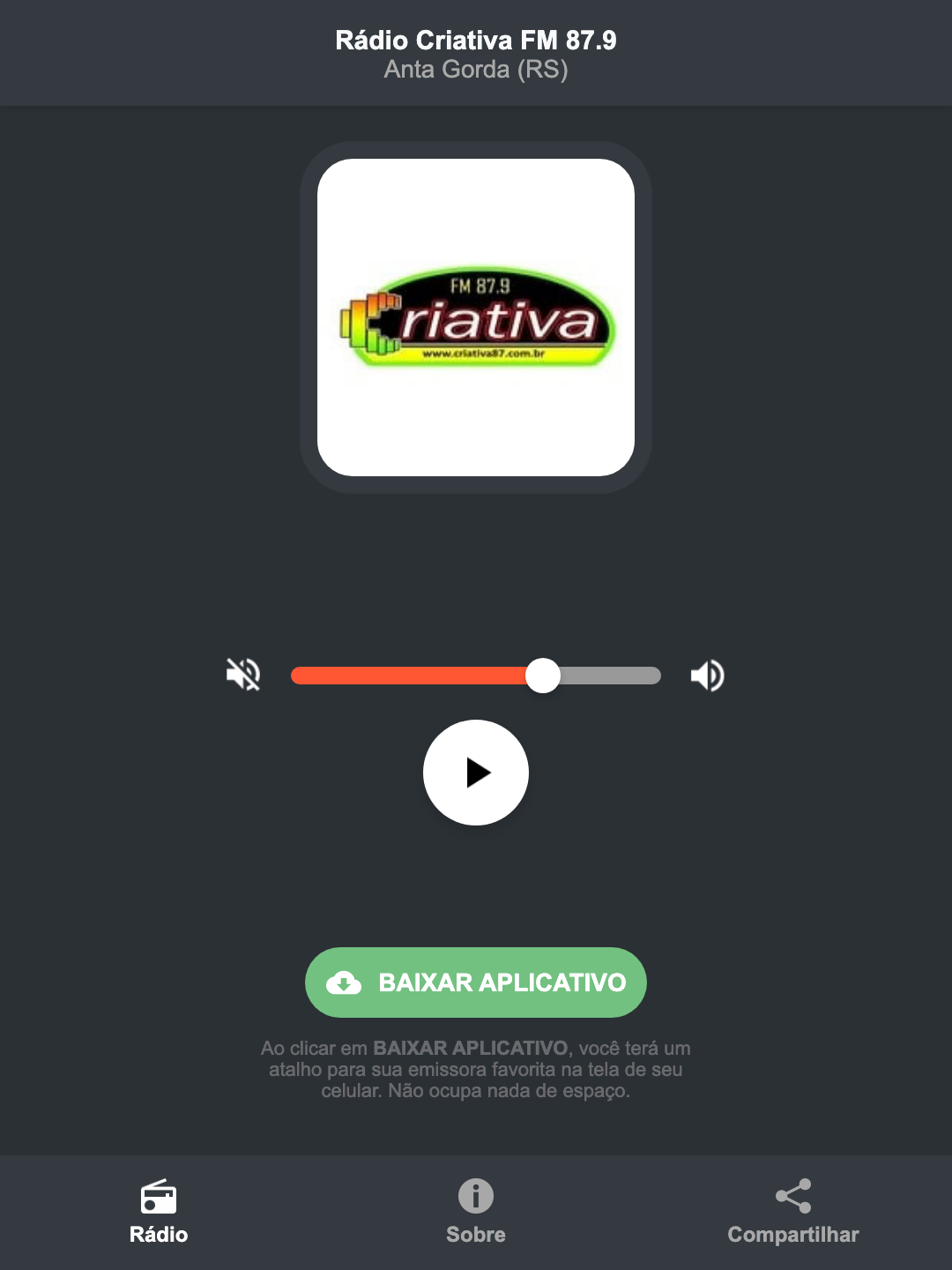 Screenshot do aplicativo da Rádio Criativa FM 87.9
