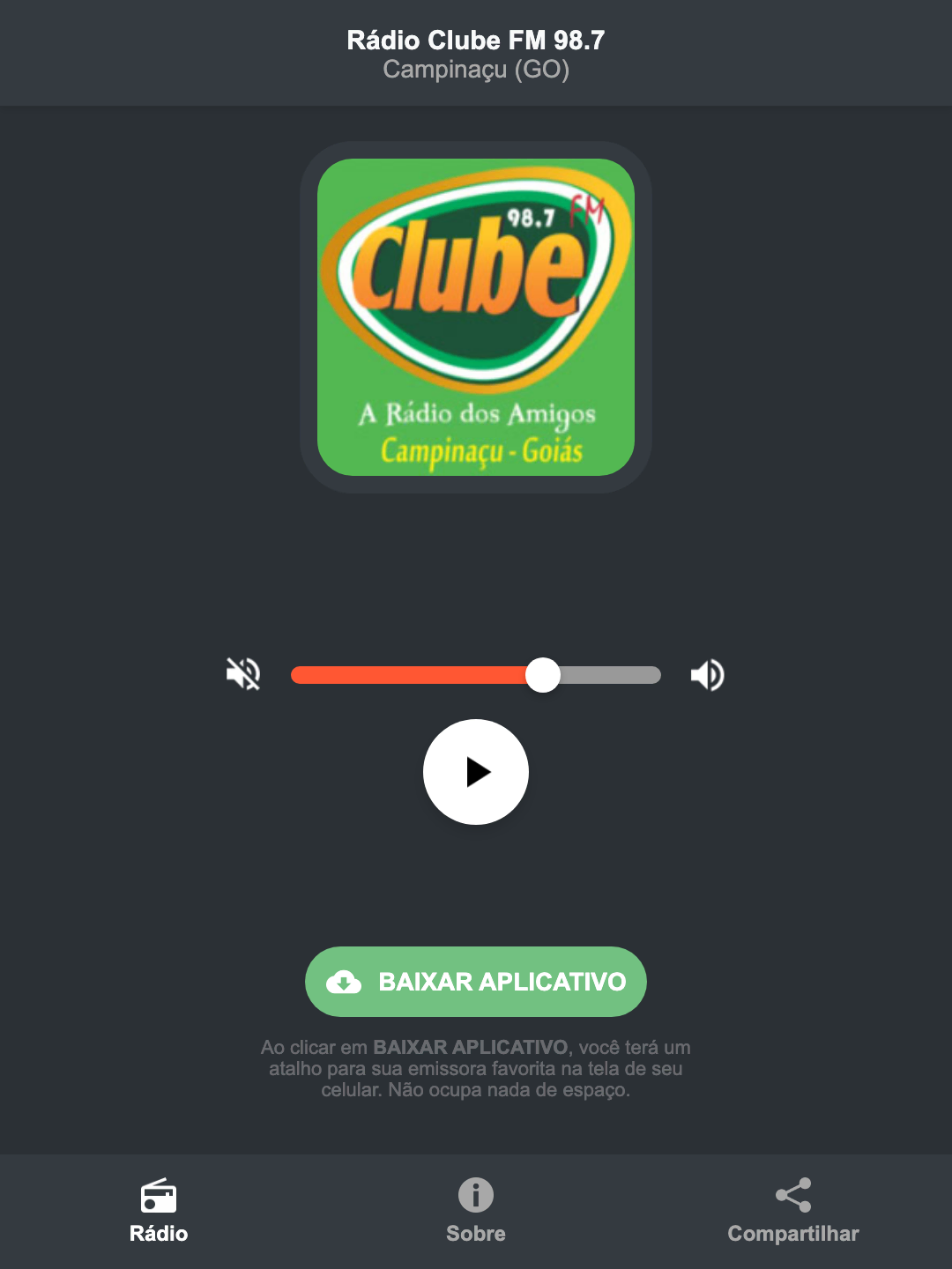 Screenshot do aplicativo da Rádio Clube FM 98.7