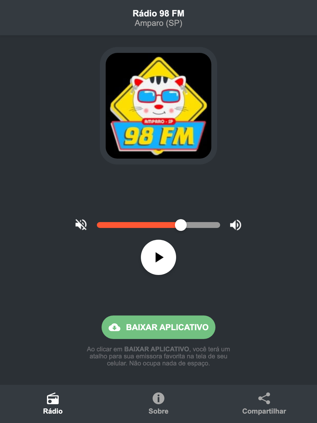 Screenshot do aplicativo da Rádio 98 FM