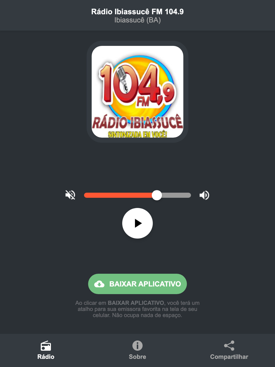 Screenshot do aplicativo da Rádio Ibiassucê FM 104.9