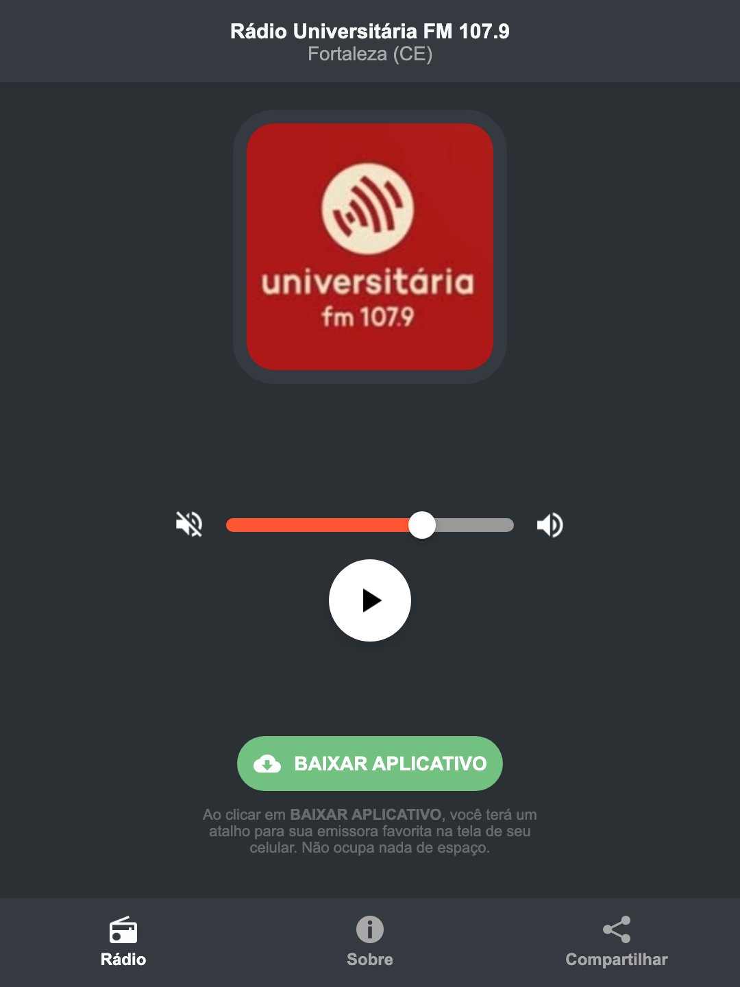 Screenshot do aplicativo da Rádio Universitária FM 107.9