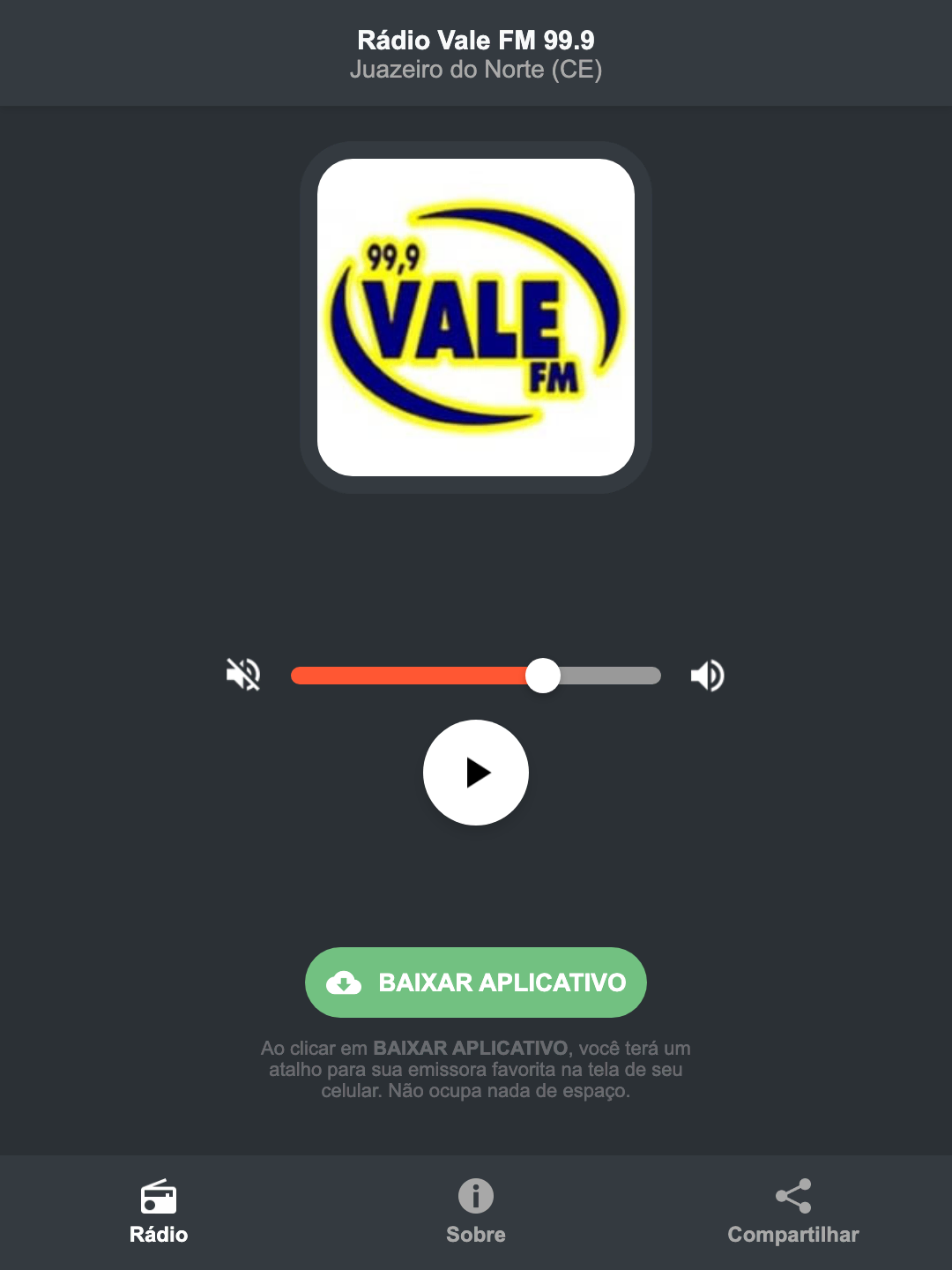 Screenshot do aplicativo da Rádio Vale FM 99.9