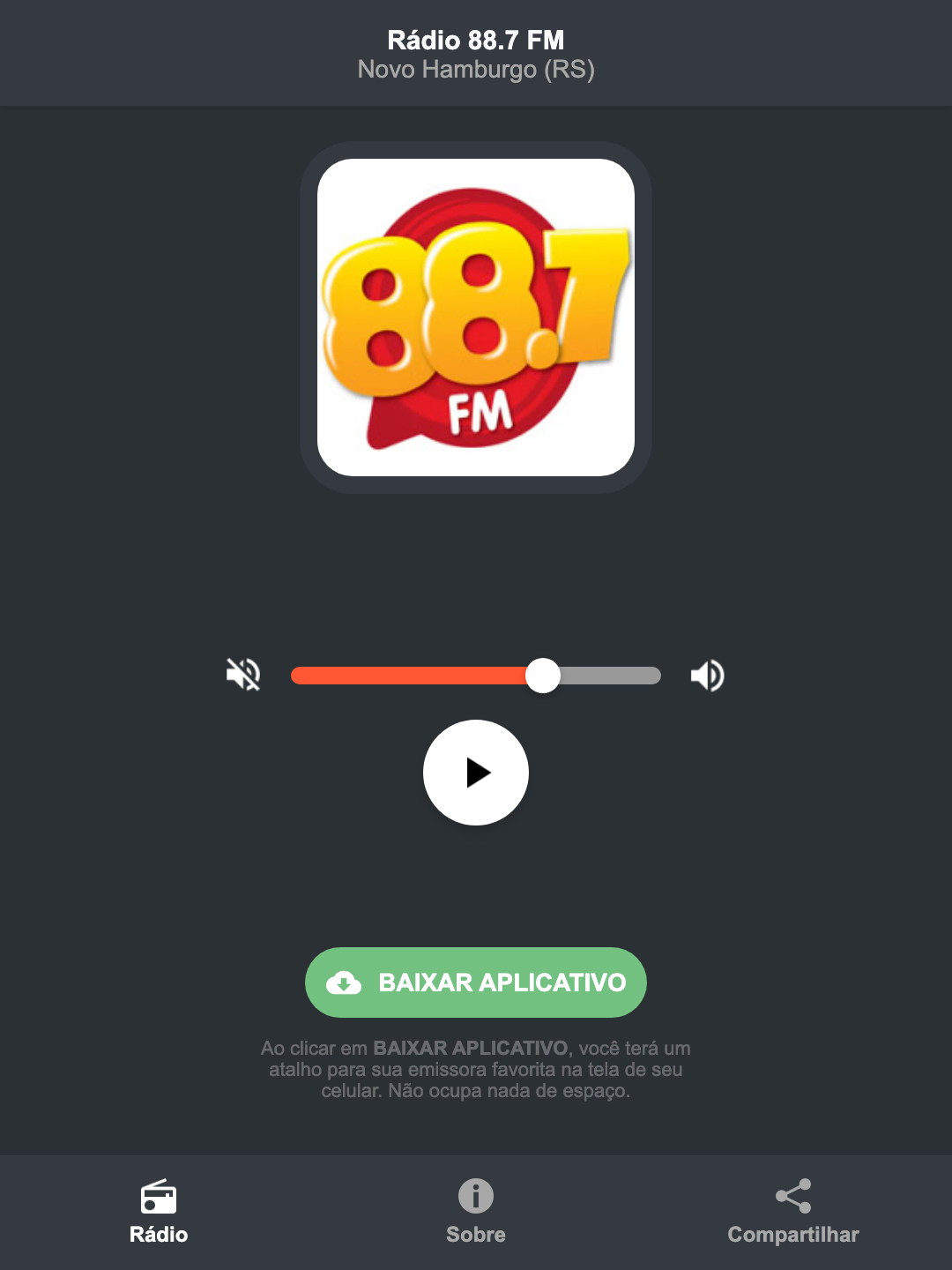 Screenshot do aplicativo da Rádio 88.7 FM