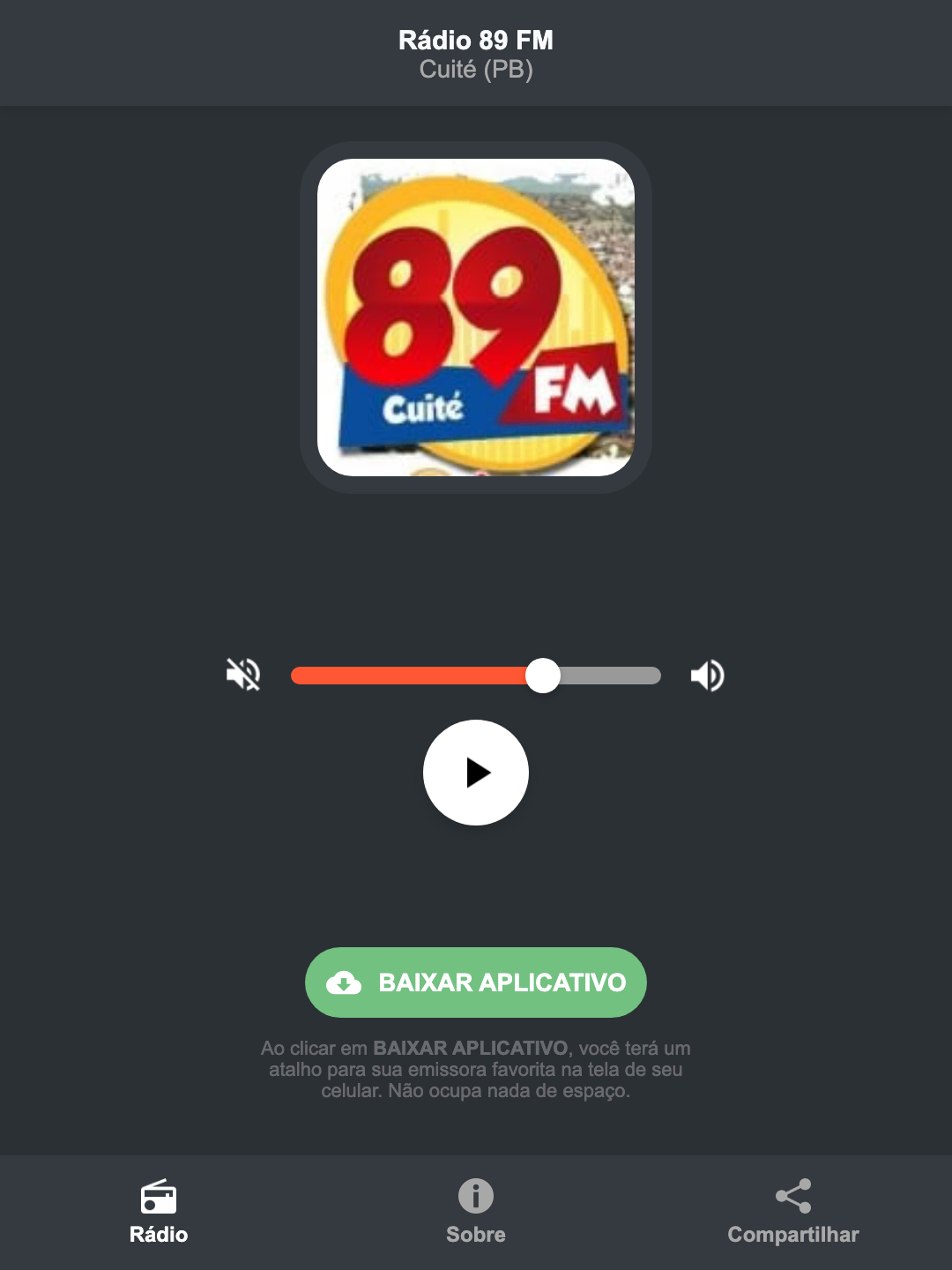 Screenshot do aplicativo da Rádio 89 FM