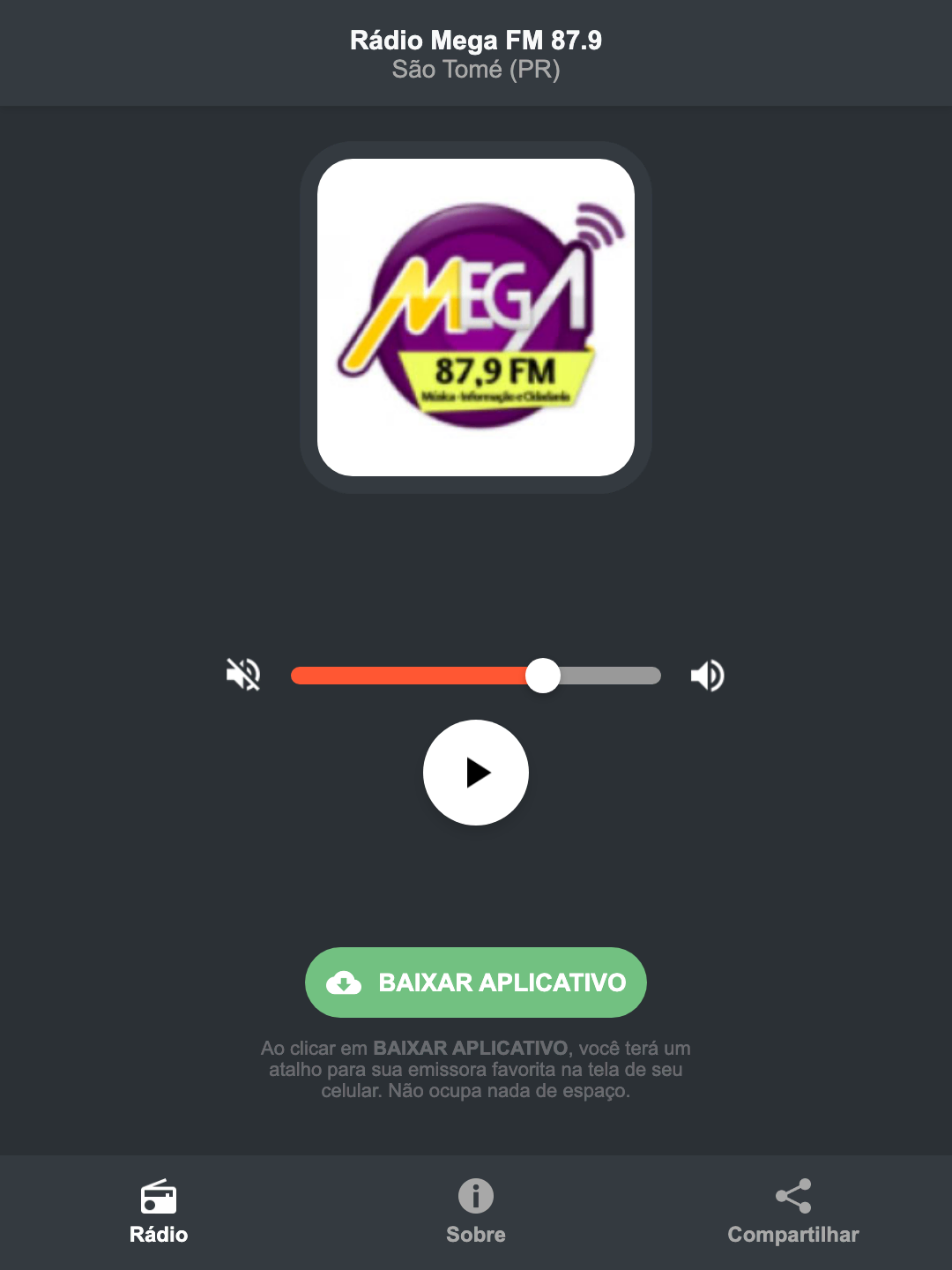 Screenshot do aplicativo da Rádio Mega FM 87.9