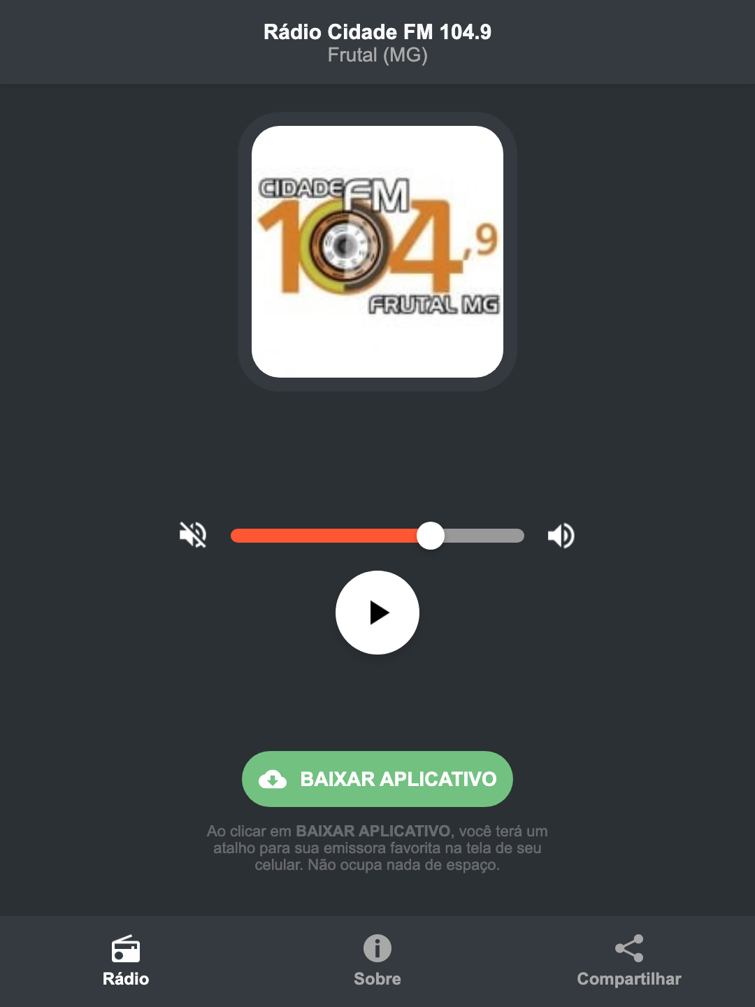 Screenshot do aplicativo da Rádio Cidade FM 104.9