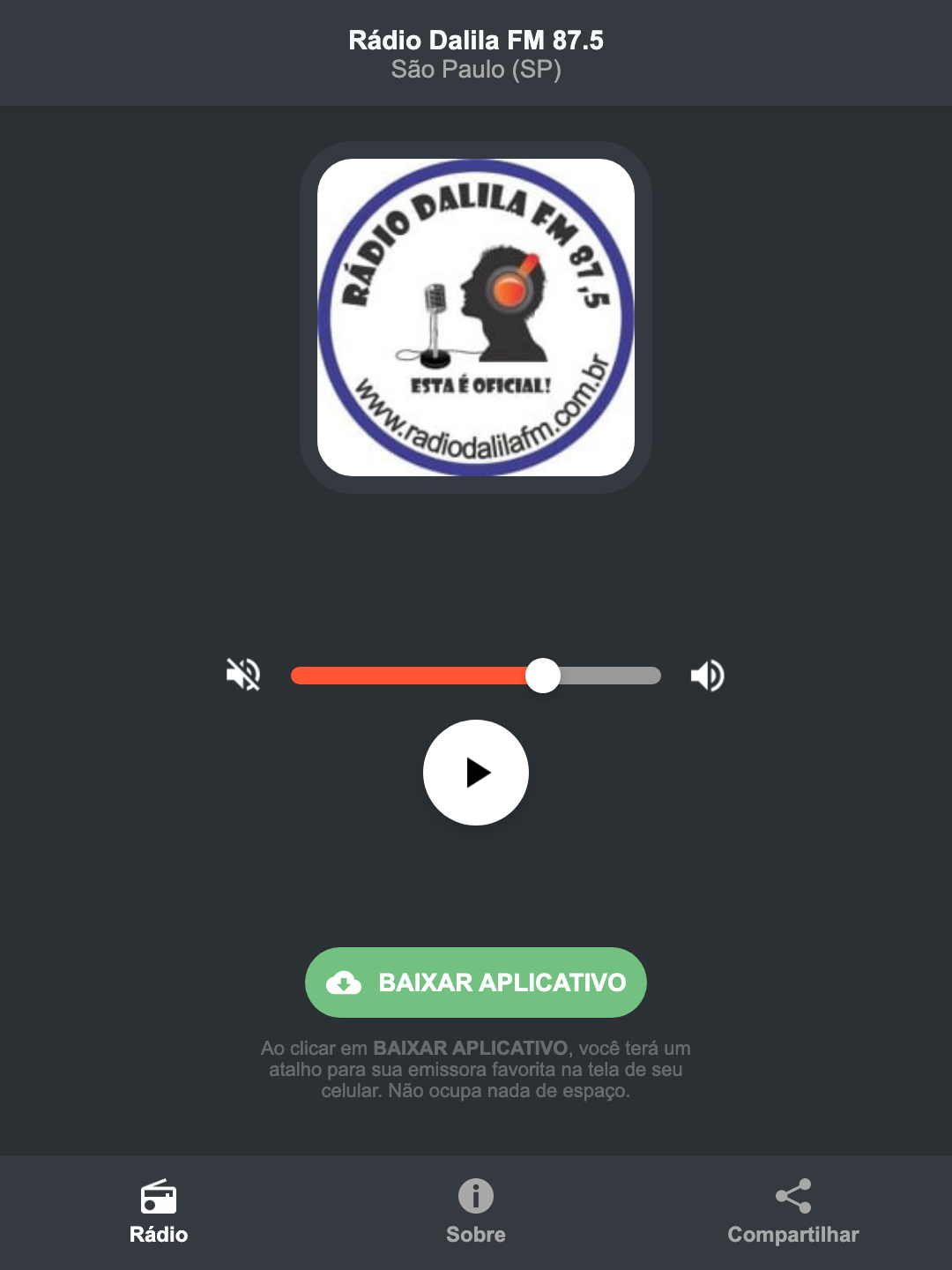 Screenshot do aplicativo da Rádio Dalila FM 87.5