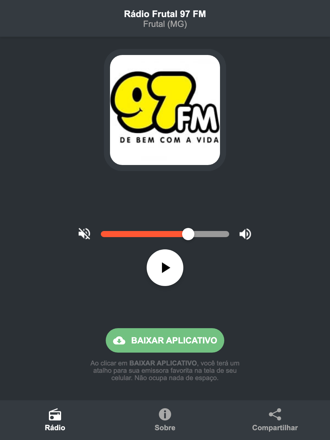 Screenshot do aplicativo da Rádio Frutal 97 FM