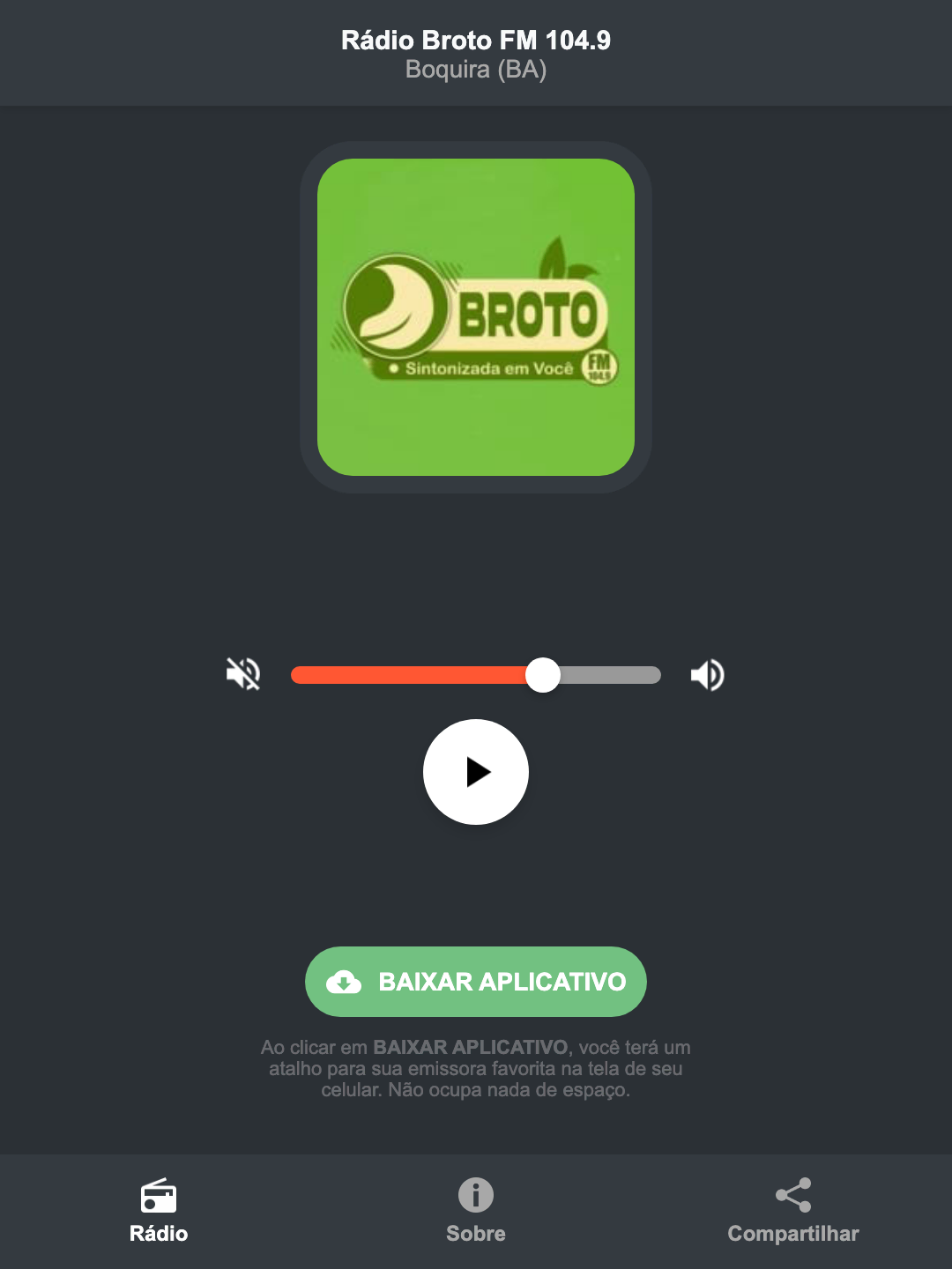 Screenshot do aplicativo da Rádio Broto FM 104.9