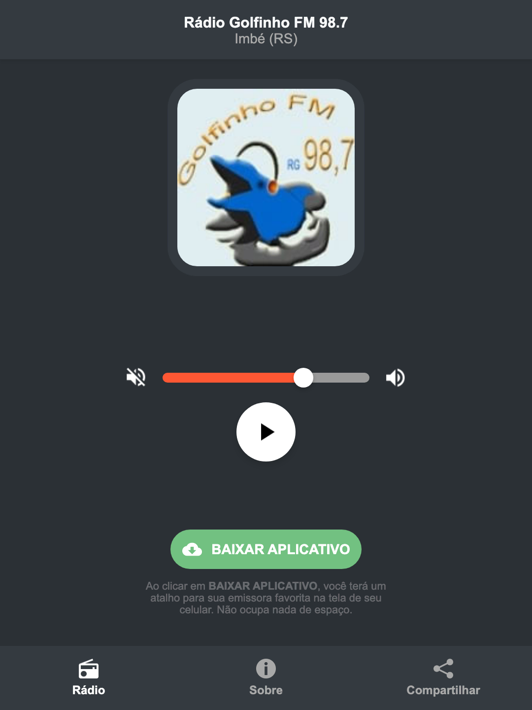 Screenshot do aplicativo da Rádio Golfinho FM 98.7