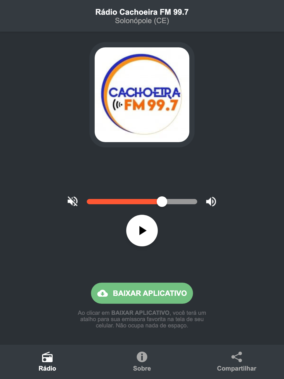 Screenshot do aplicativo da Rádio Cachoeira FM 99.7