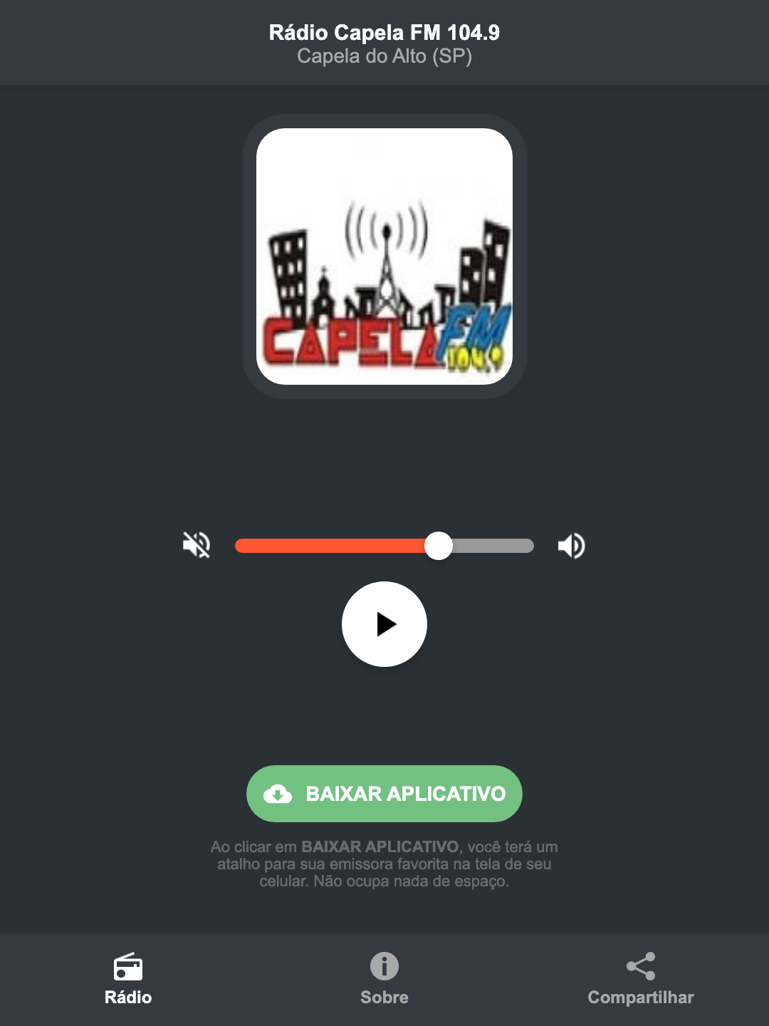 Screenshot do aplicativo da Rádio Capela FM 104.9