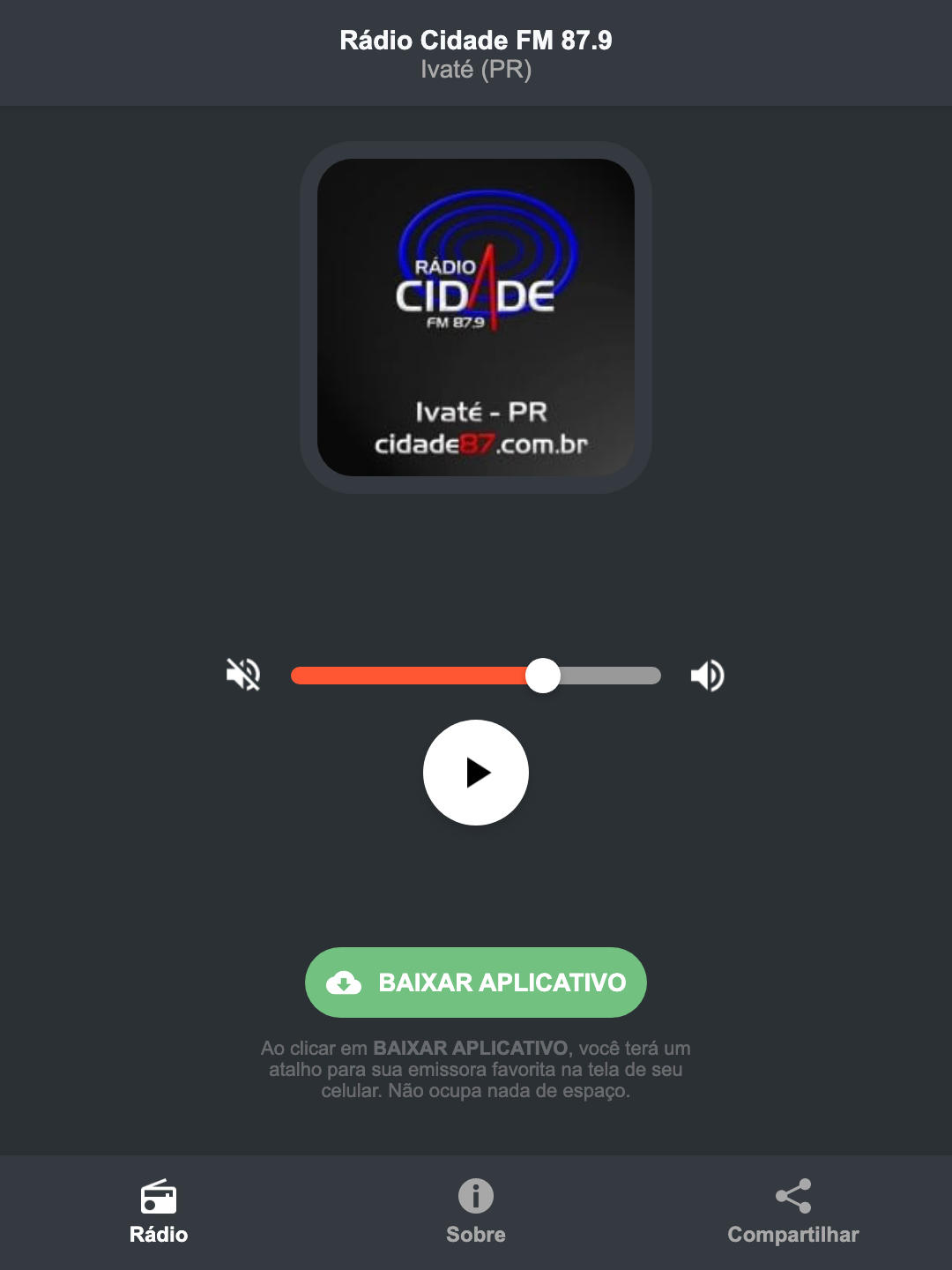 Screenshot do aplicativo da Rádio Cidade FM 87.9