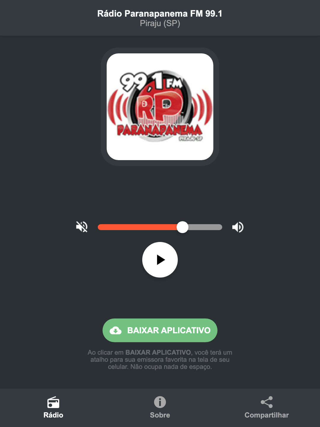 Screenshot do aplicativo da Rádio Paranapanema FM 99.1