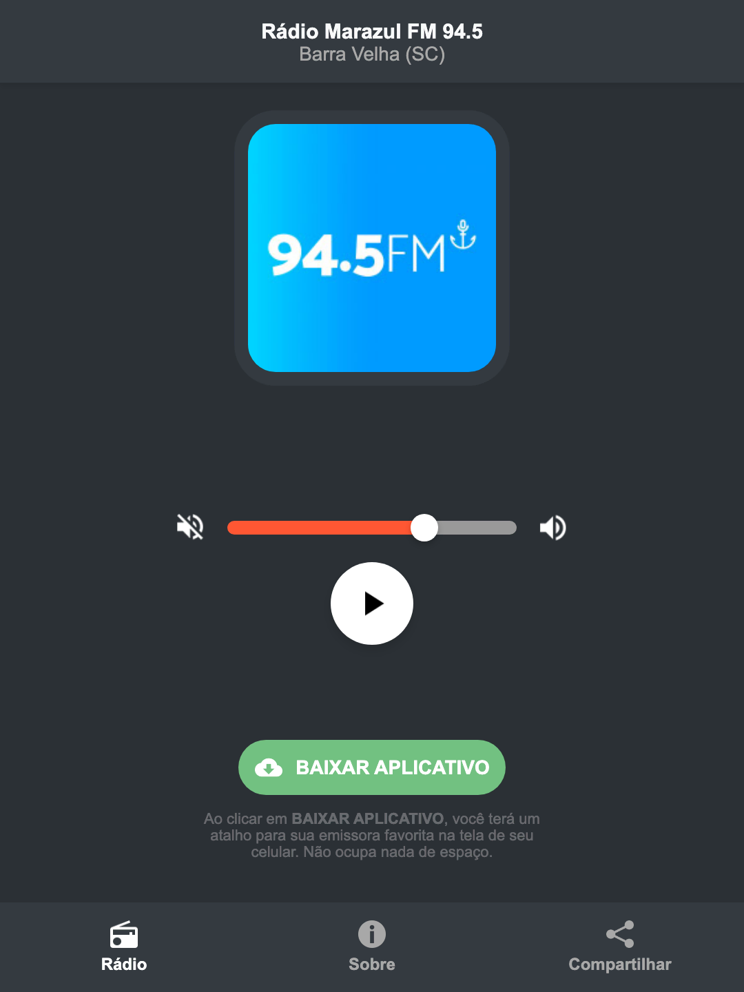 Screenshot do aplicativo da Rádio Marazul FM 94.5