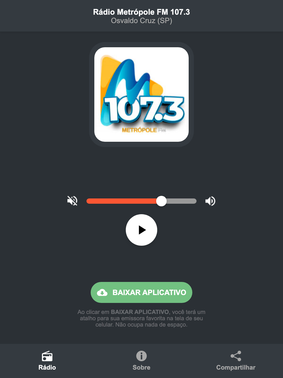 Screenshot do aplicativo da Rádio Metrópole FM 107.3