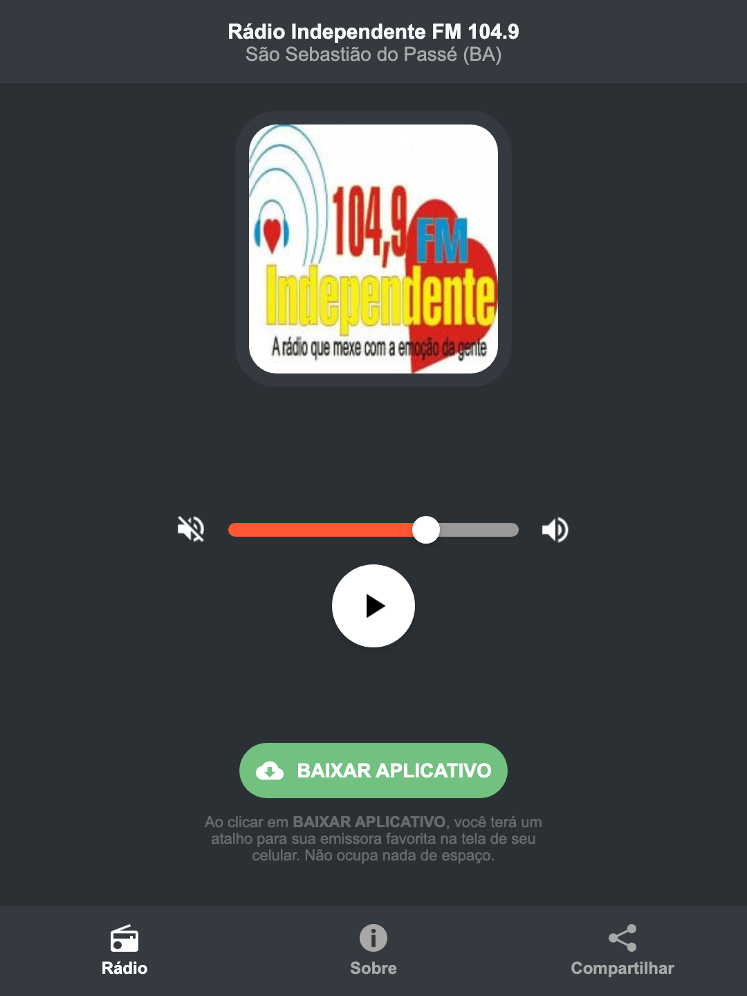 Screenshot do aplicativo da Rádio Independente FM 104.9