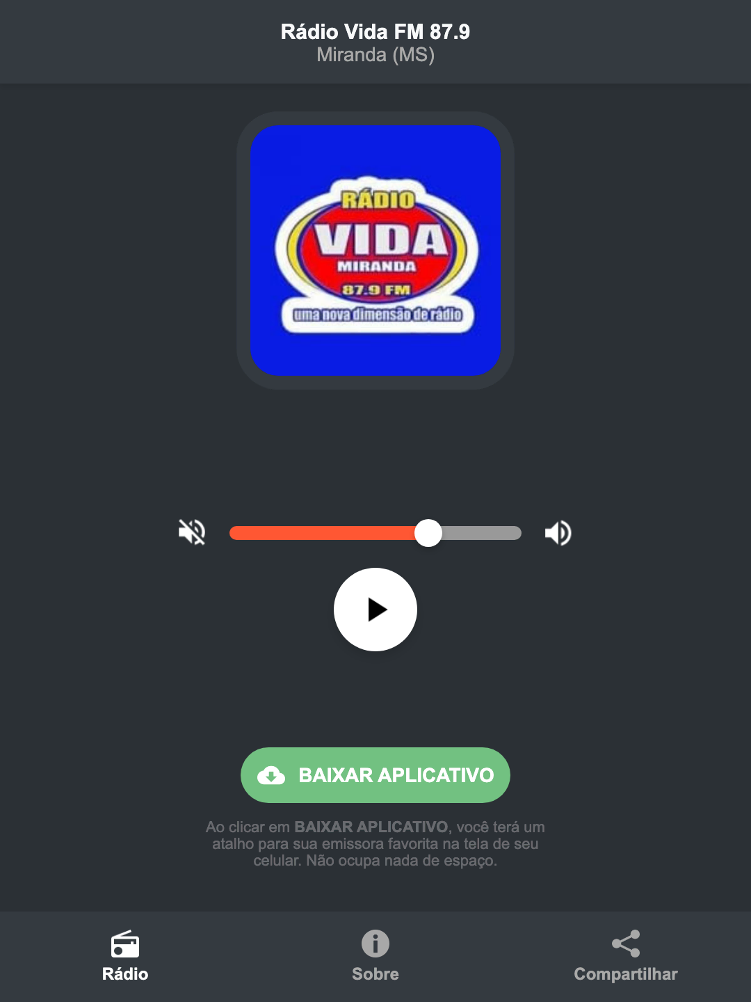 Screenshot do aplicativo da Rádio Vida FM 87.9