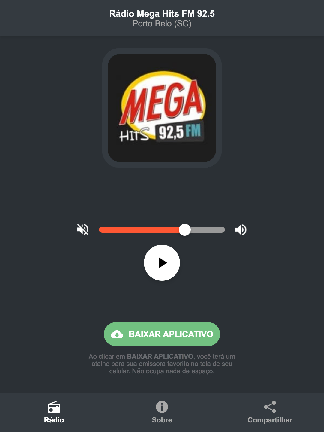 Screenshot do aplicativo da Rádio Mega Hits FM 92.5