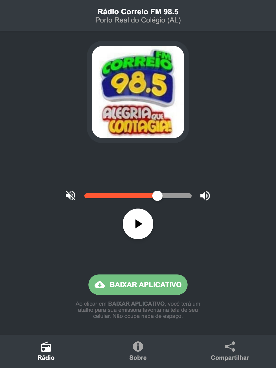 Screenshot do aplicativo da Rádio Correio FM 98.5