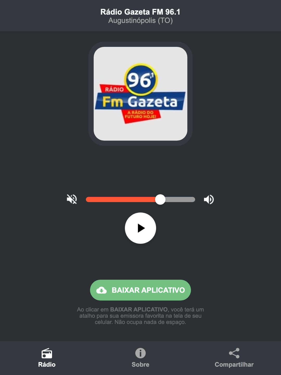 Screenshot do aplicativo da Rádio Gazeta FM 96.1
