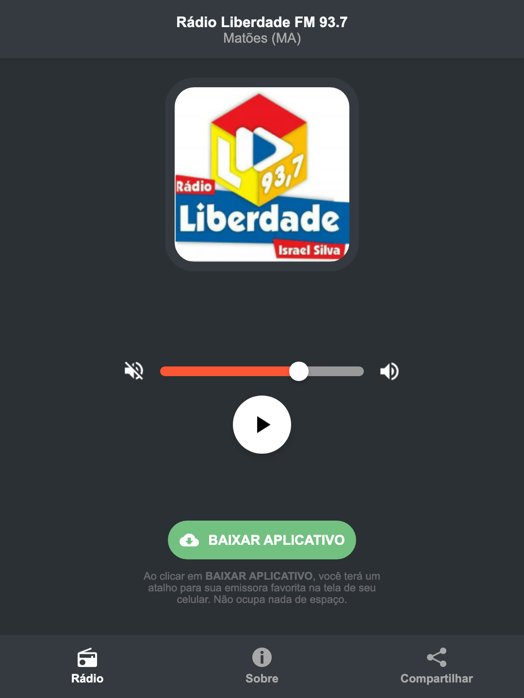 Screenshot do aplicativo da Rádio Liberdade FM 93.7