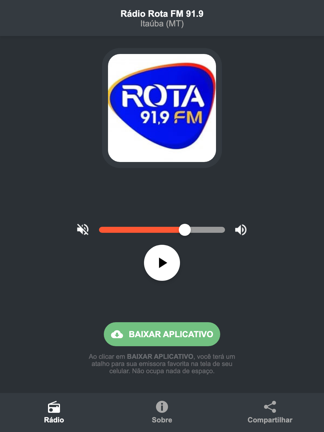 Screenshot do aplicativo da Rádio Rota FM 91.9
