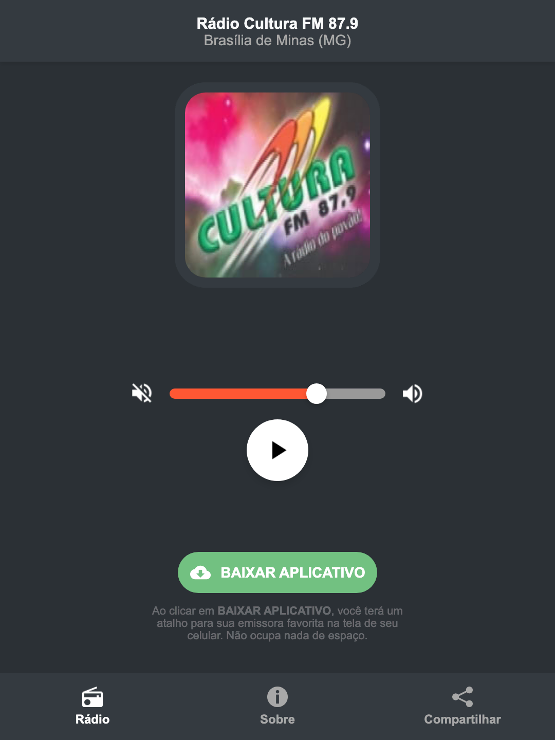 Screenshot do aplicativo da Rádio Cultura FM 87.9