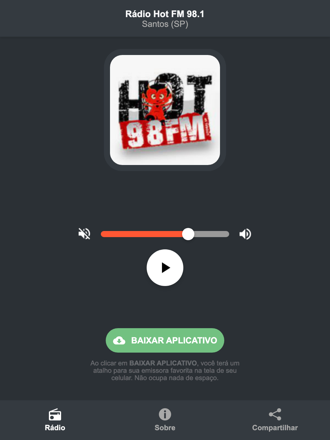 Screenshot do aplicativo da Rádio Hot FM 98.1