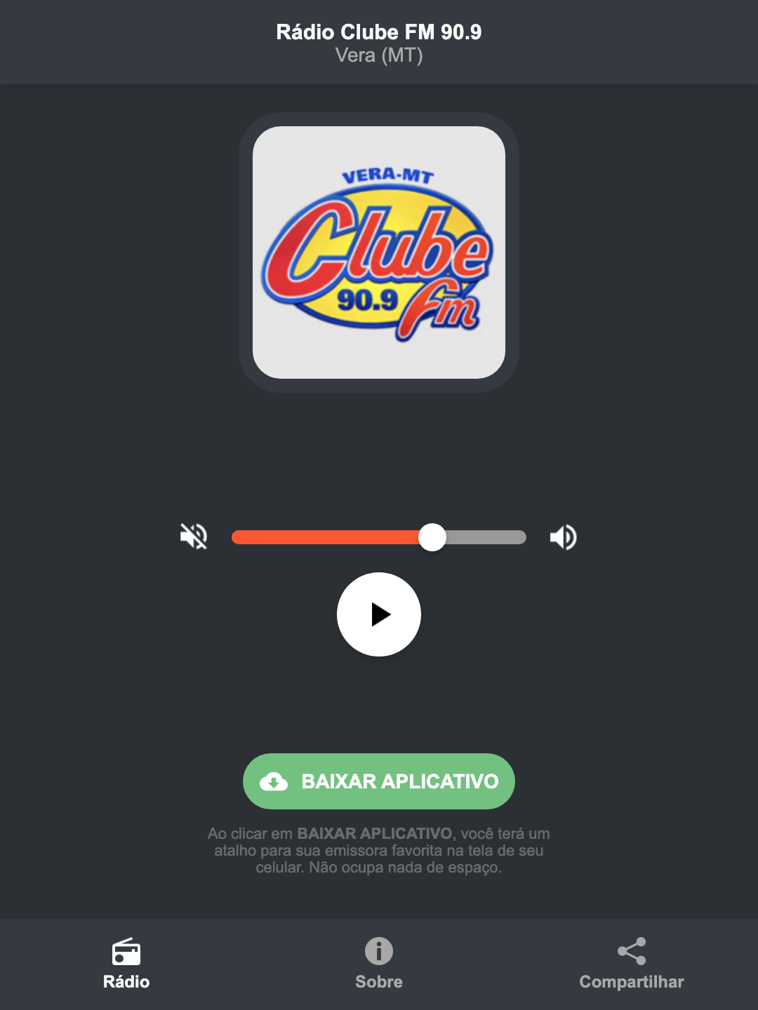 Screenshot do aplicativo da Rádio Clube FM 90.9