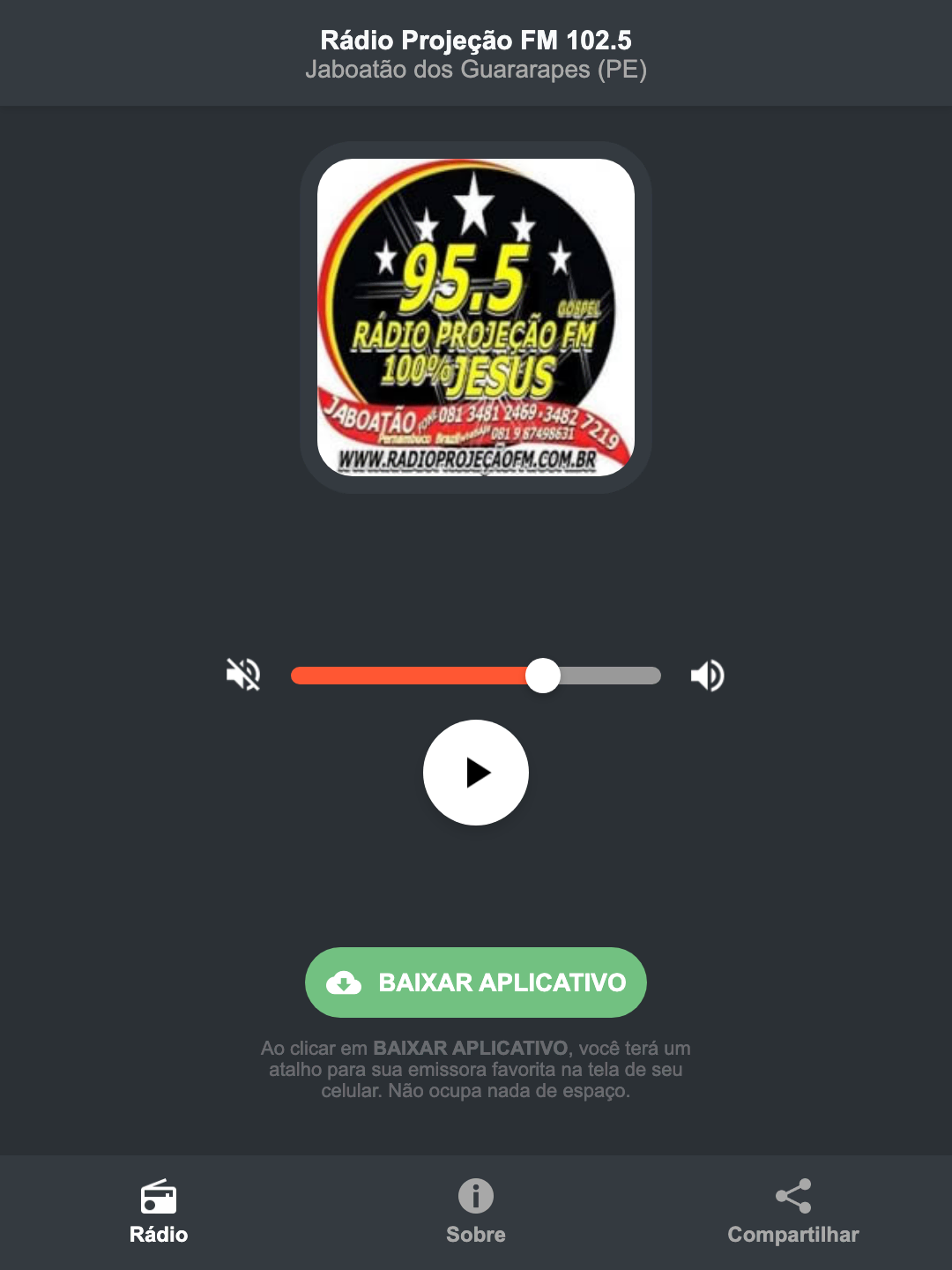 Screenshot do aplicativo da Rádio Projeção FM 102.5