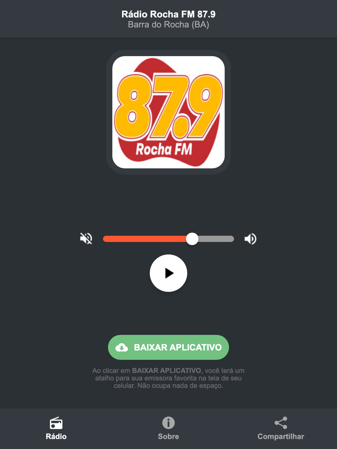 Screenshot do aplicativo da Rádio Rocha FM 87.9