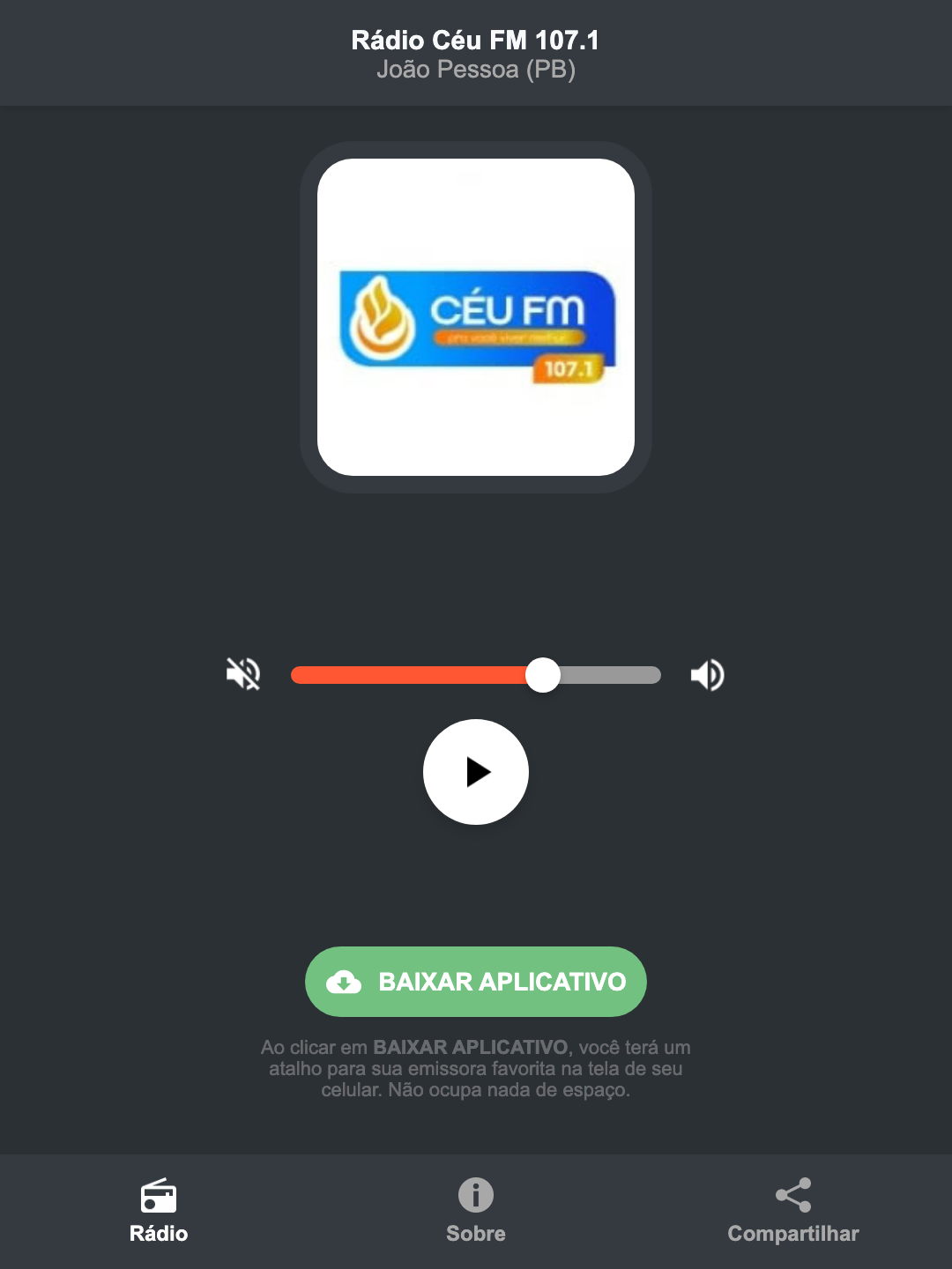 Screenshot do aplicativo da Rádio Céu FM 107.1