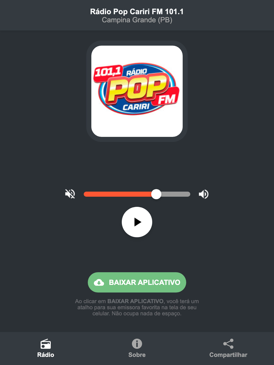 Screenshot do aplicativo da Rádio Pop Cariri FM 101.1