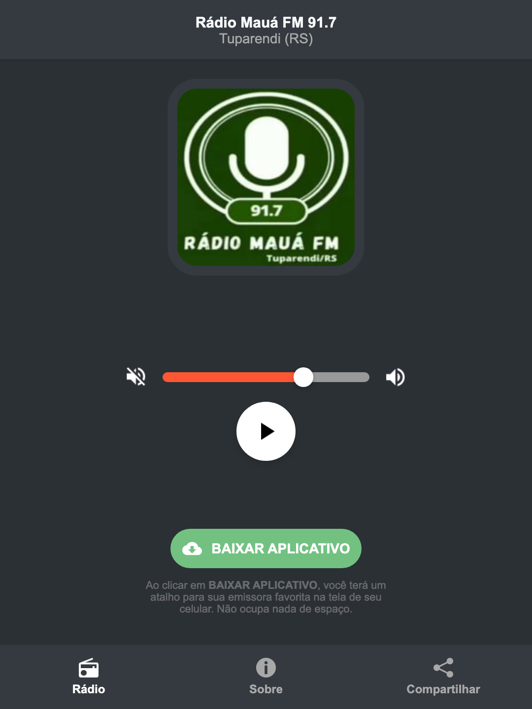 Screenshot do aplicativo da Rádio Mauá FM 91.7