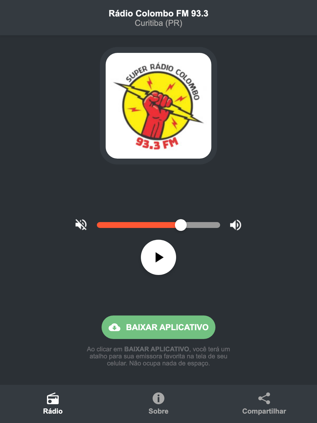 Screenshot do aplicativo da Rádio Colombo FM 93.3