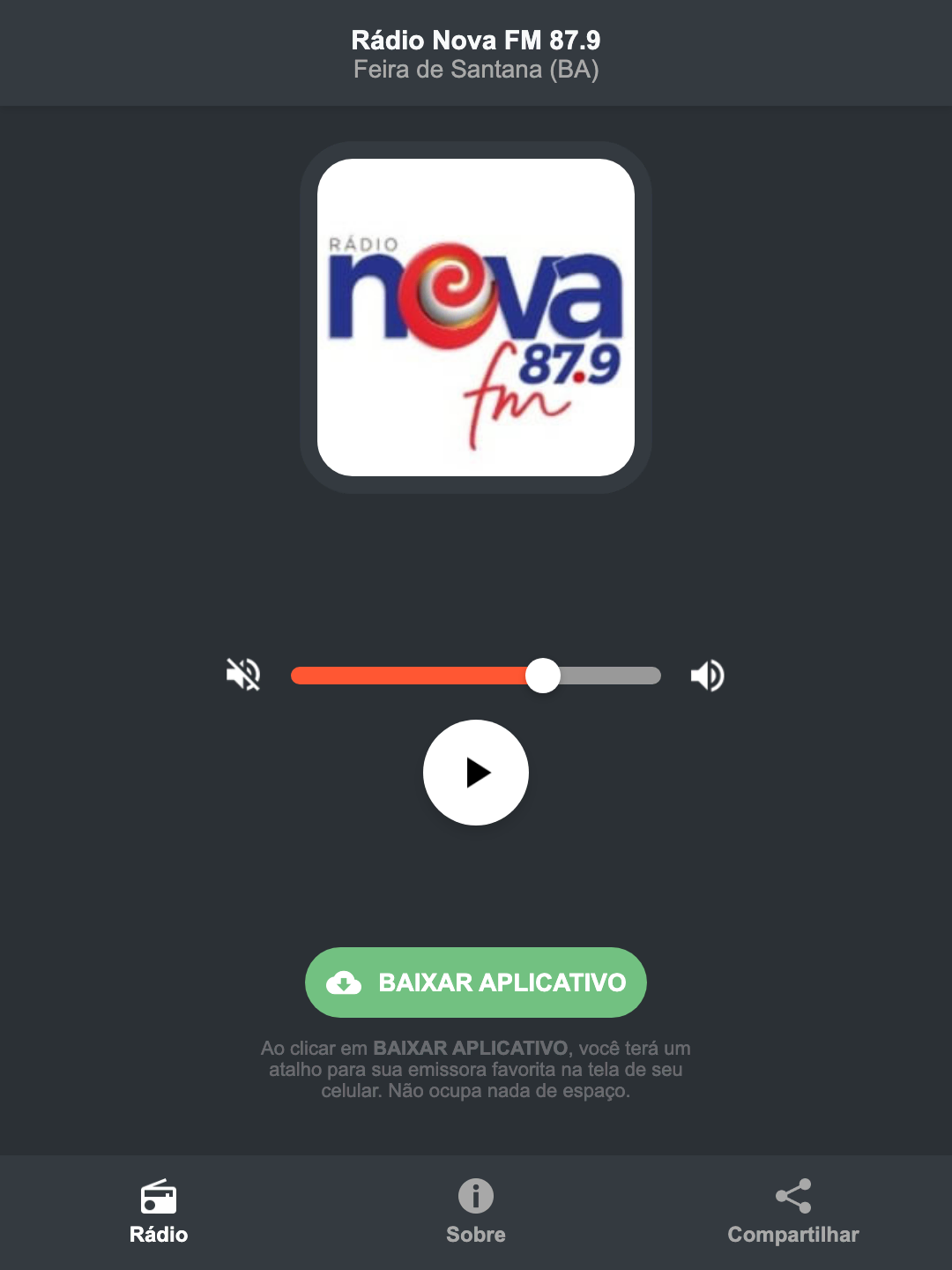Screenshot do aplicativo da Rádio Nova FM 87.9