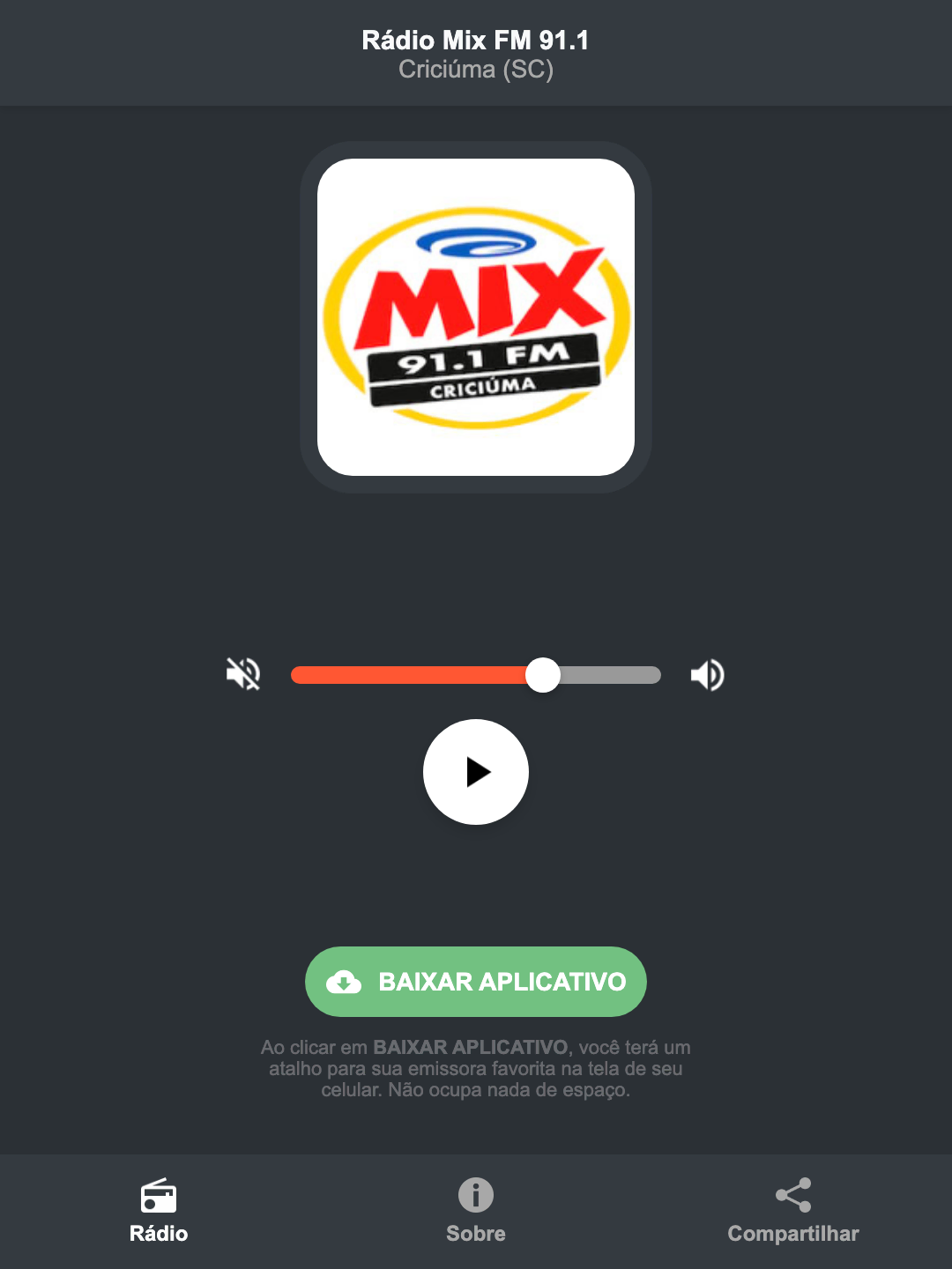 Screenshot do aplicativo da Rádio Mix FM 91.1