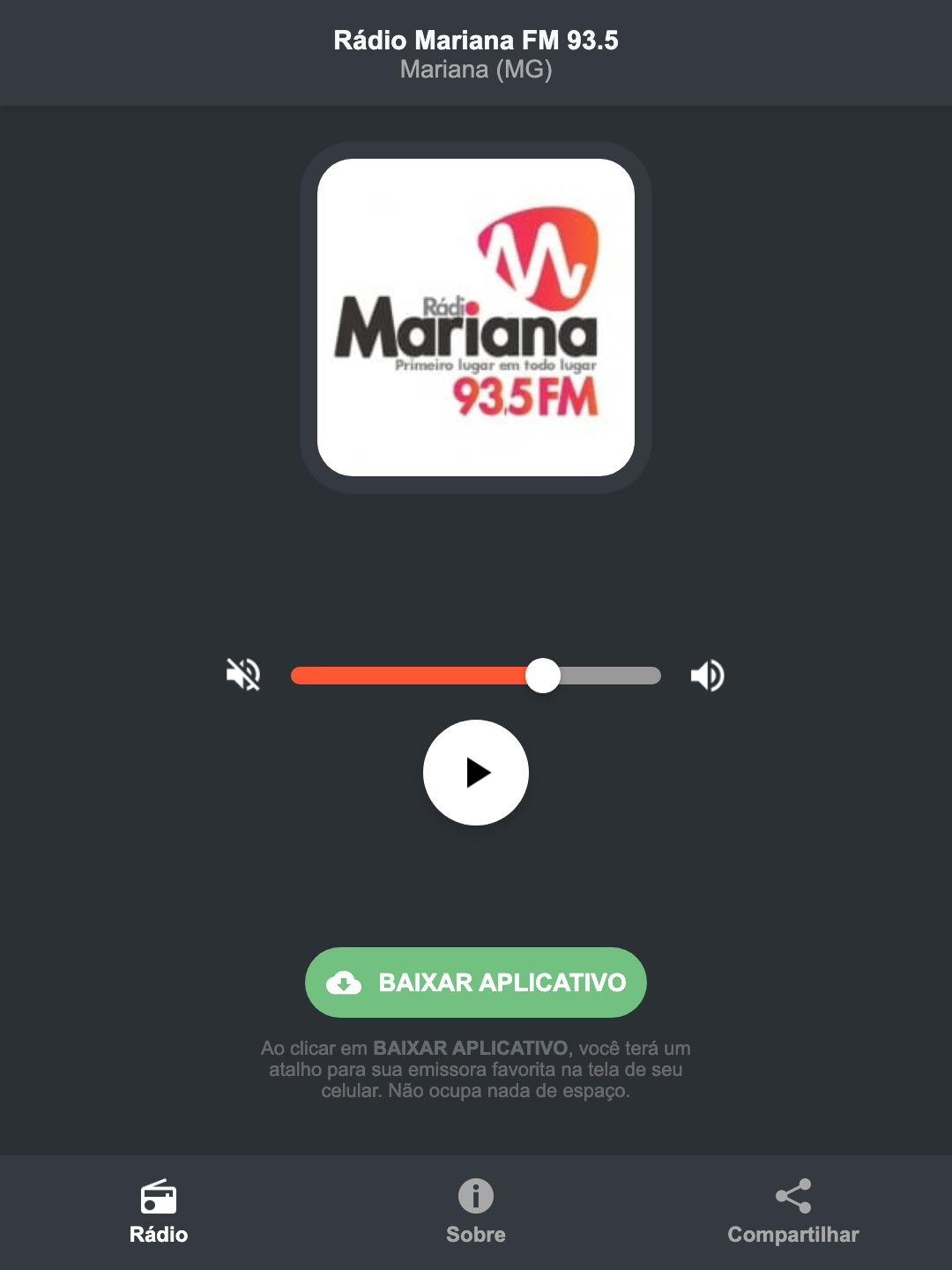 Screenshot do aplicativo da Rádio Mariana FM 93.5