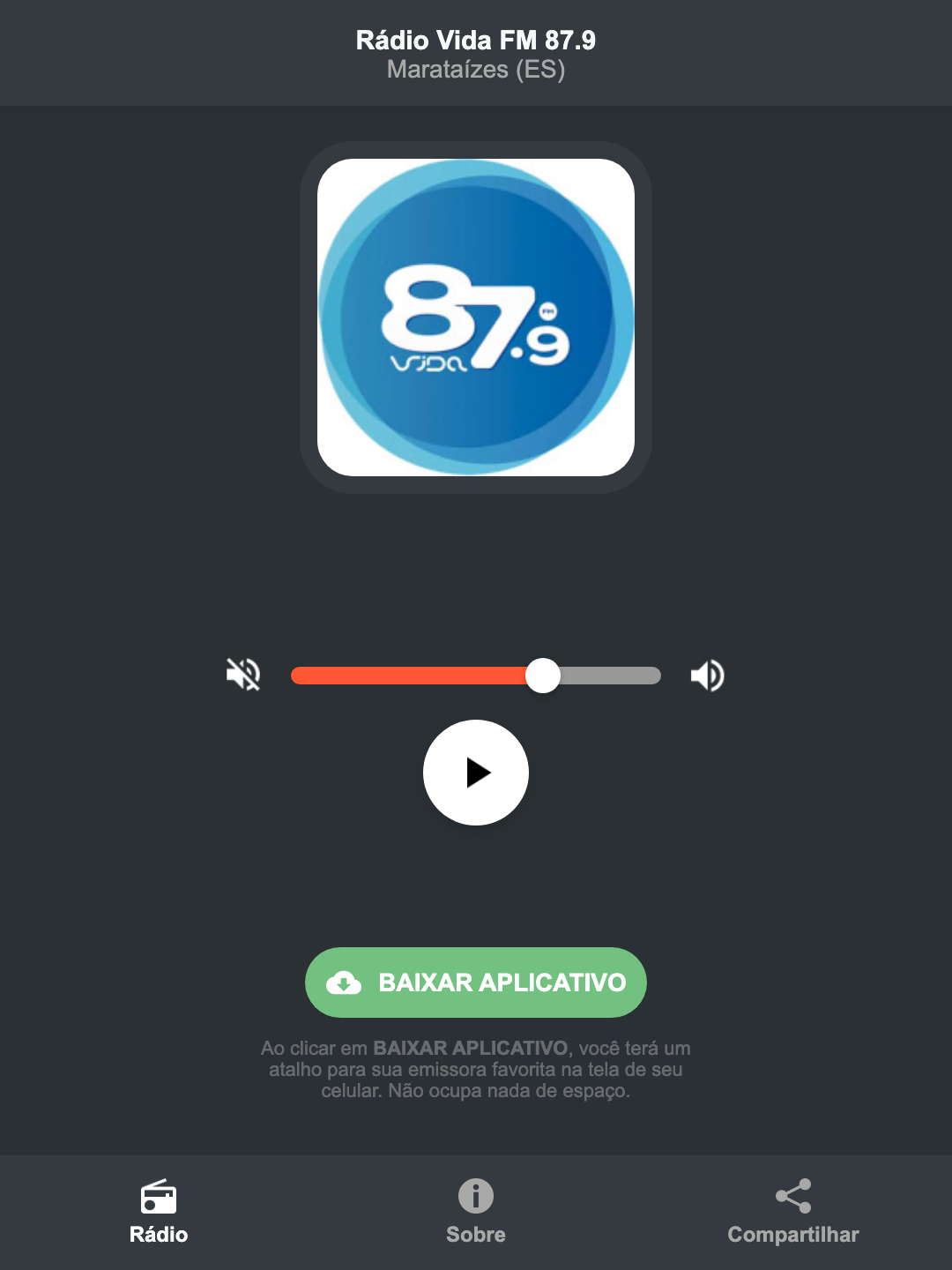 Screenshot do aplicativo da Rádio Vida FM 87.9