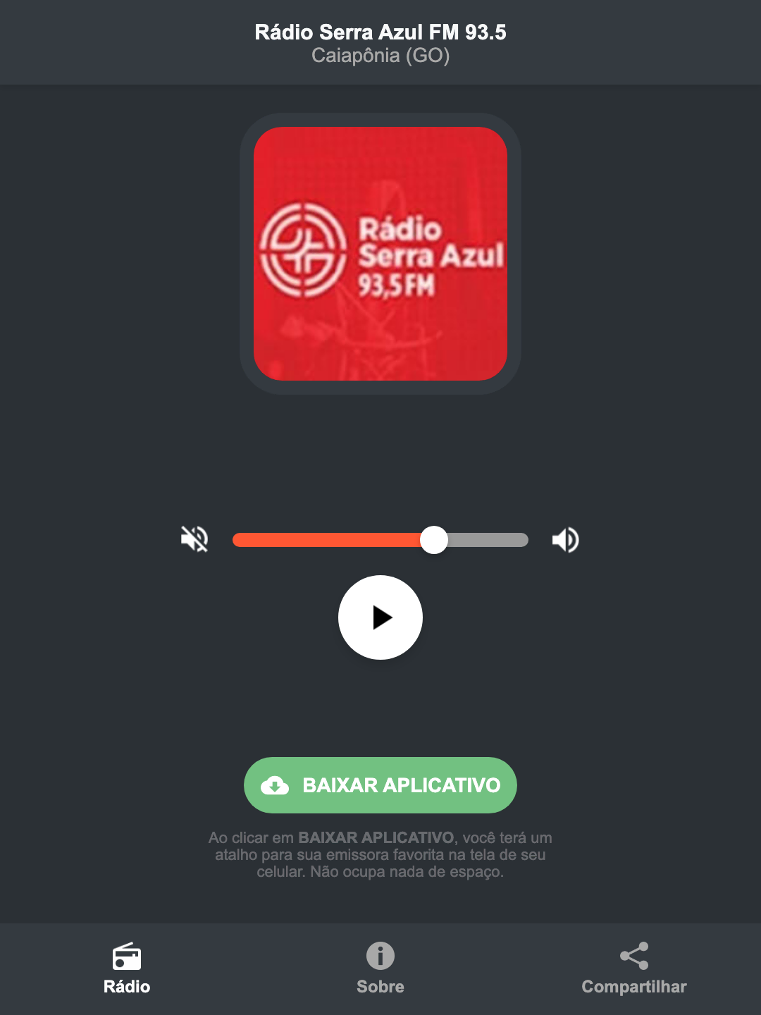 Screenshot do aplicativo da Rádio Serra Azul FM 93.5